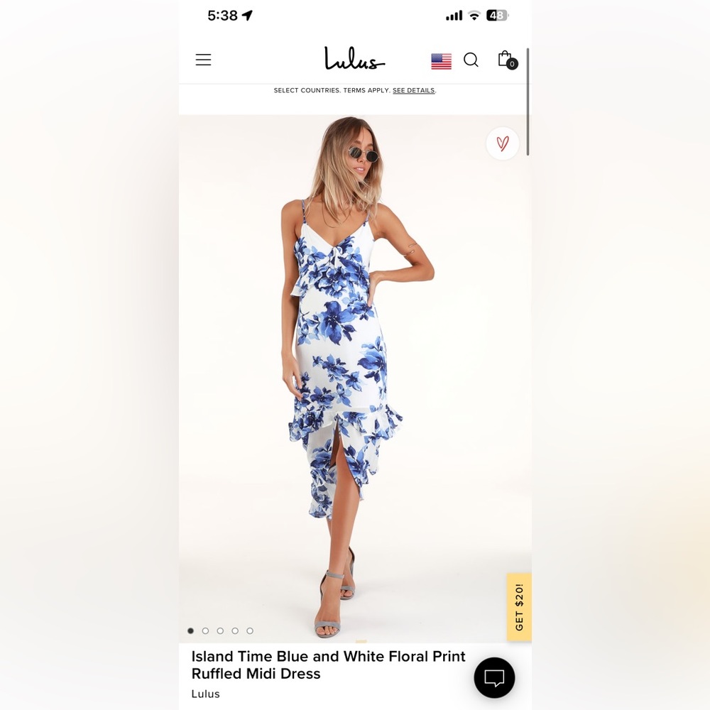Lulu’s Island Time Blue and White Floral Print Ruffled Midi Dress
